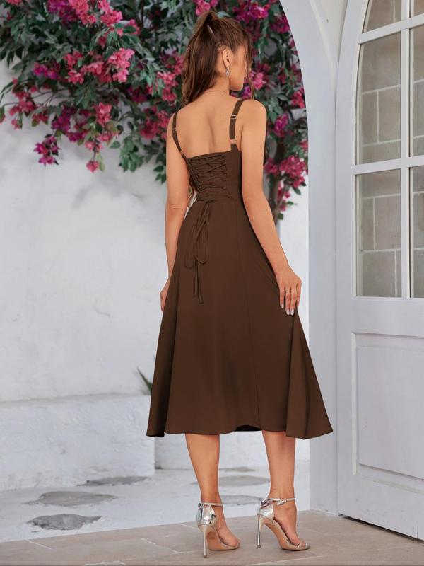 Women's Lace Up Split Thigh Cami Dress, Women's Casual Wear Clothing, Elegant Adjustable Strap Tie Front Midi Dress, Back-to-school Clothing, Dresses for Women, Women's Dress for Summer Beach Holiday Christmas