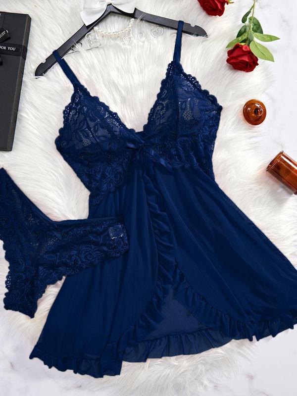 Women's Contrast Lace Bow Decor Cami Nightdress & Lace Underwear Set, Sexy Adjustable Strap Backless Nightgown & Underwear Set, Ladies Sleepwear