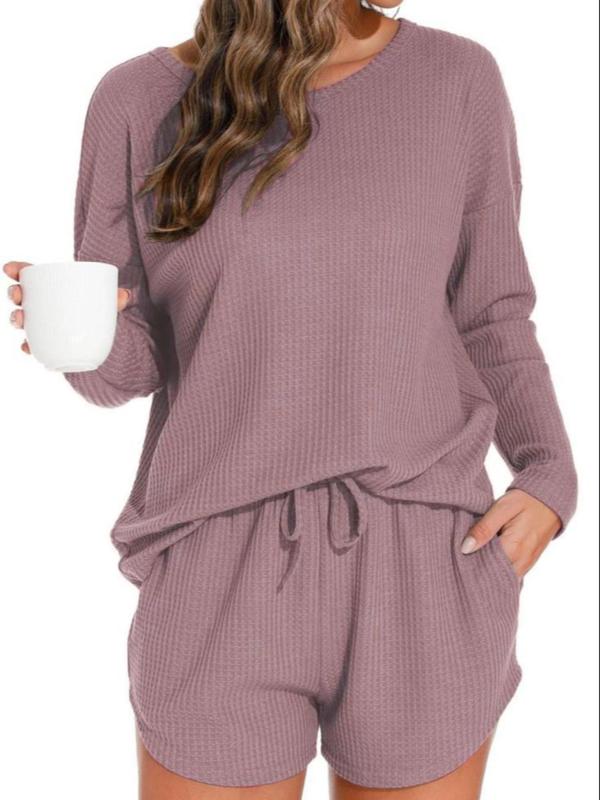 Women's Solid Color Drop Shoulder Tee & Drawstring Waist Pocket Shorts Loungewear Two-piece Set, Casual Comfy Round Neck Long Sleeve Top & Shorts Pj Set, Ladies Sleepwear for Spring & Fall