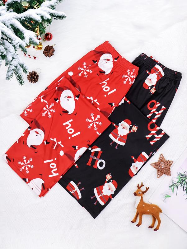 2 PCS Per Pack Christmas Gift Mama Family daughter Casual Women's Soft Drawstring Sleeping Xmas Pijamas Pjs Pajama Bottoms Long Outfit Loungewear Pants Set, Floral Pattern Knit Fabric, Red ,Pyjamas Trouser    Pajama Set Nightwear Womenswear Homewear