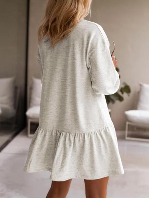 Women's Plain Ruffle Hem Drop Shoulder Dress, Casual Long Sleeve Round Neck Short Dress for Spring & Fall, Fashion Women's Clothing for Daily Wear