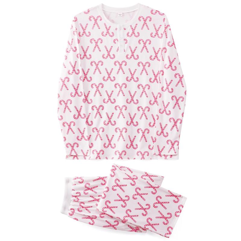Pink Christmas Pajamas for Family Long Sleeve Candy Cane Print Tops + Pants Set Holiday Sleepwear