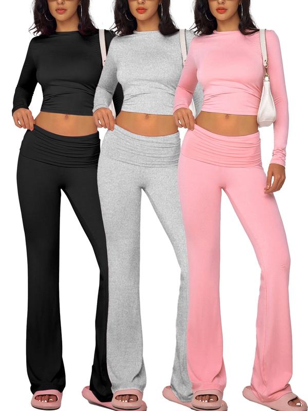 Women's Solid Mock Neck Long Sleeve Tee & Flare Leg Pants Loungewear Set, Casual Comfy Loungewear Set for Daily Wear, Ladies Sleepwear for All Seasons