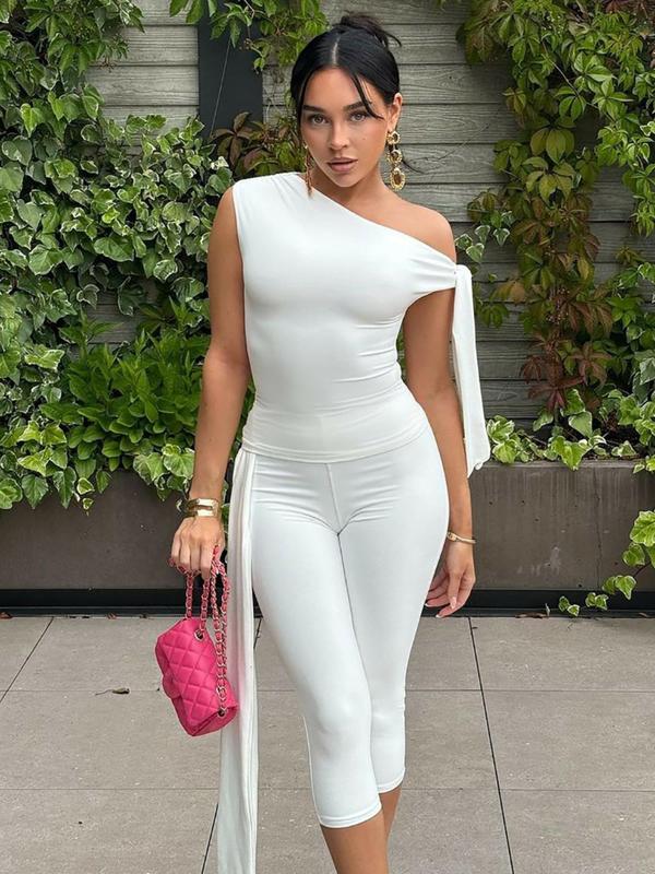 Women's Solid Asymmetrical Neck Knot Design Going Out Tops 2000s & High Waist Capri Pants Two-piece Set, Elegant Fashion Ruched Top & Skinny Capri Trousers for Daily Outdoor Wear, Ladies Summer Clothes, 2 Piece Sets Women, Summer Outfits 2024 Sets