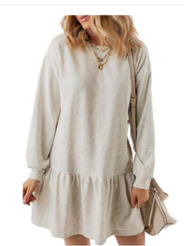Women's Plain Ruffle Hem Drop Shoulder Dress, Casual Long Sleeve Round Neck Short Dress for Spring & Fall, Fashion Women's Clothing for Daily Wear