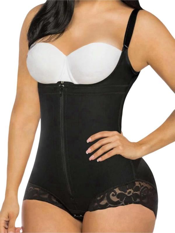 Women's Solid Contrast Lace Zipper Shapewear Bodysuit, High Stretch Tummy Control Butt Lifting Shaper, Ladies Shapewear for Daily Wear