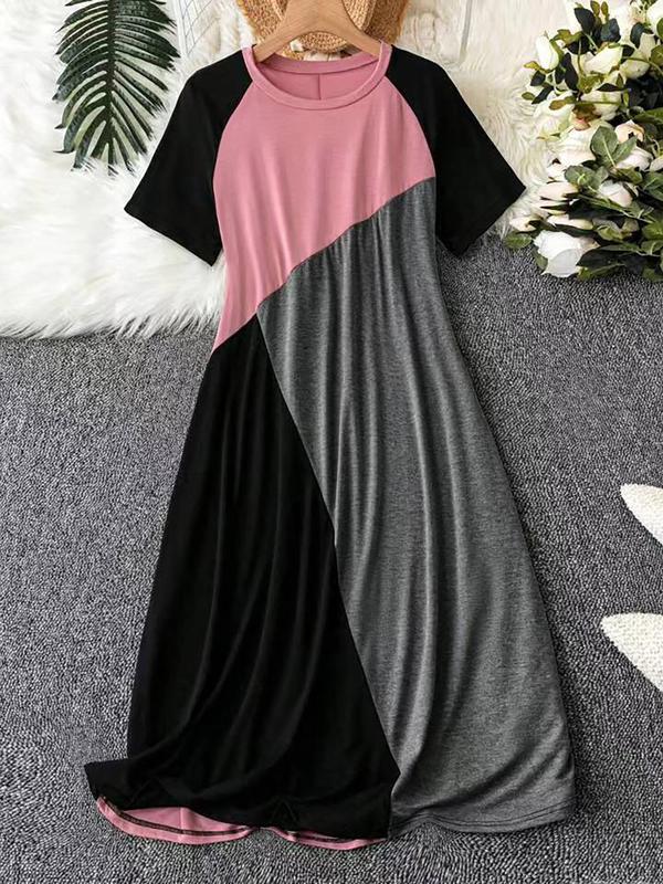  Women's Colorblock Raglan Sleeve Lounge Dress, Casual Soft Comfortable Round Neck Short Sleeve Midi Dress for Daily Home Wear, Sleepwear for All Seasons