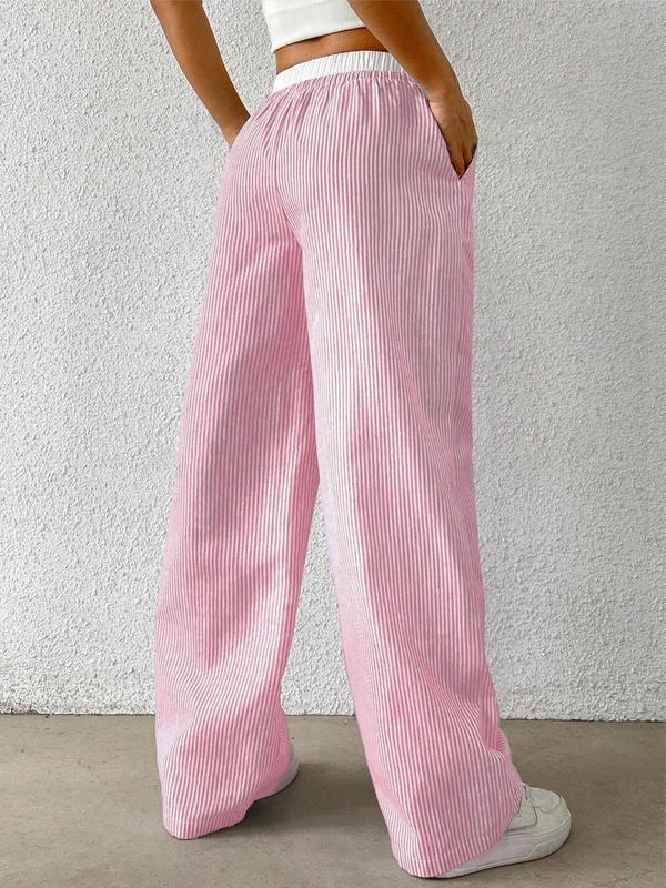 Women's Striped Patchwork Print Drawstring Waist Pants, Casual Comfy Straight Leg Trousers for Daily Wear, Ladies Bottoms for All Seasons
