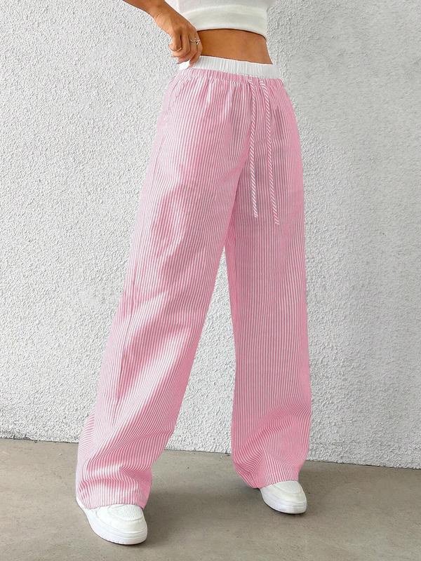 Women's Striped Patchwork Print Drawstring Waist Pants, Casual Comfy Straight Leg Trousers for Daily Wear, Ladies Bottoms for All Seasons