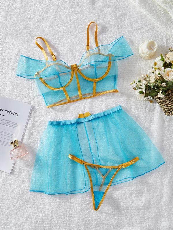 Women's Contrast Binding Sheer Lingerie Three-piece Set, Adjustable Strap Top  & Thong & Skirt  Set, Lingerie Set for Women