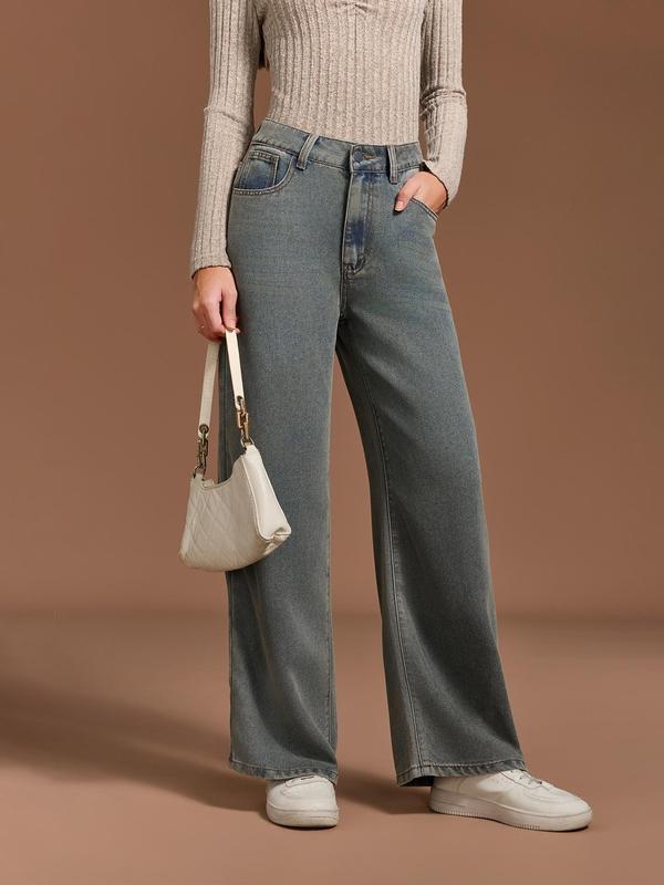 YOZY Women's Strawberry Embroidery Pocket Straight Leg Denim-Effect Print Pants, Casual Comfy Button Denim-Effect Print Trousers for Daily Wear, Ladies Bottoms for All Seasons