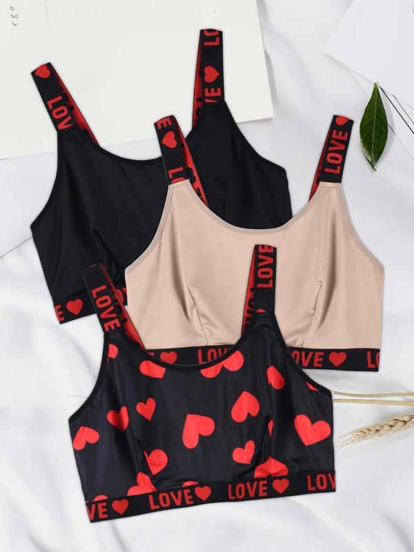  Heart & Letter Print Tape Wireless Bralette, Casual Comfy Breathable Bra for Daily Wear, Women's Lingerie for All Seasons