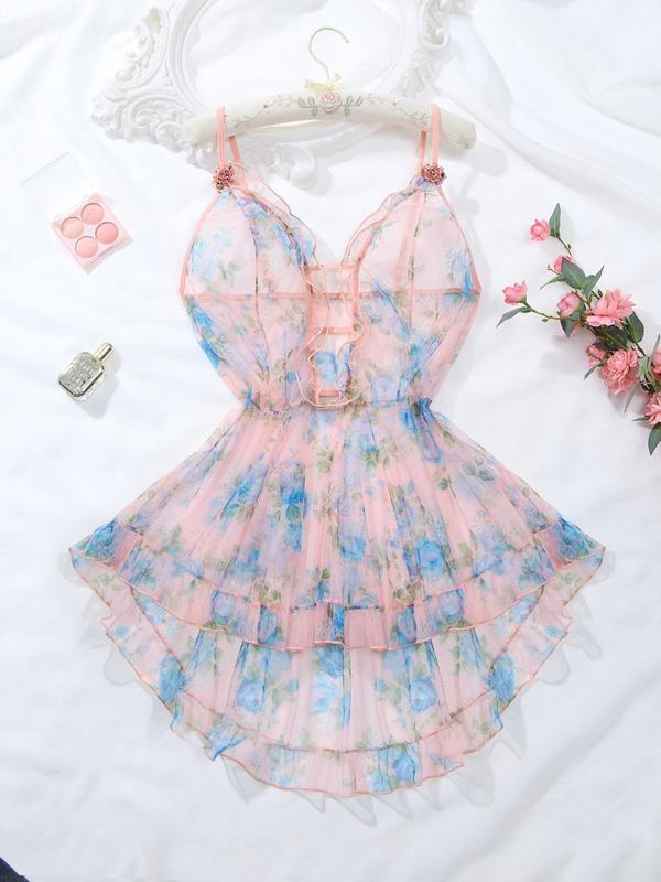 Women's Floral Print Appliques Cut Out Sheer Tulle Sexy Cami Nightdress, Comfy Breathable Ruffle Hem Nightgown, Ladies Sexy Lingerie for All Seasons