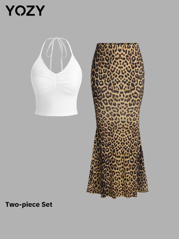 YOZY [4 colors, size 4-14] Ruched Halter Crop Top & Tie Dye Print Maxi Skirt Dress Set  Spaghetti Strap Backless Top & Elastic Waist Lettuce Trim Mermaid Skirt, 2024 Women's Holiday & Vacation Wear for Summer, [S-XXL]