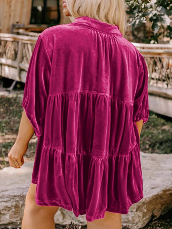  Solid Button Front Batwing Sleeve Velvet Shirt, Casual Half Sleeve Collared Shirt Top for Fall & Winter, Women's Clothes for Daily Wear