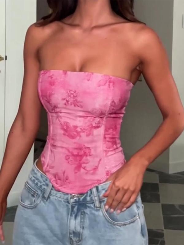 Women's Floral Print Lace Up Backless Crop Tube Top, Elegant Fashion Casual Grommet Eyelet Asymmetrical Hem Sleeveless Crop Top for Daily Outdoor Wear, Ladies Clothes for Summer