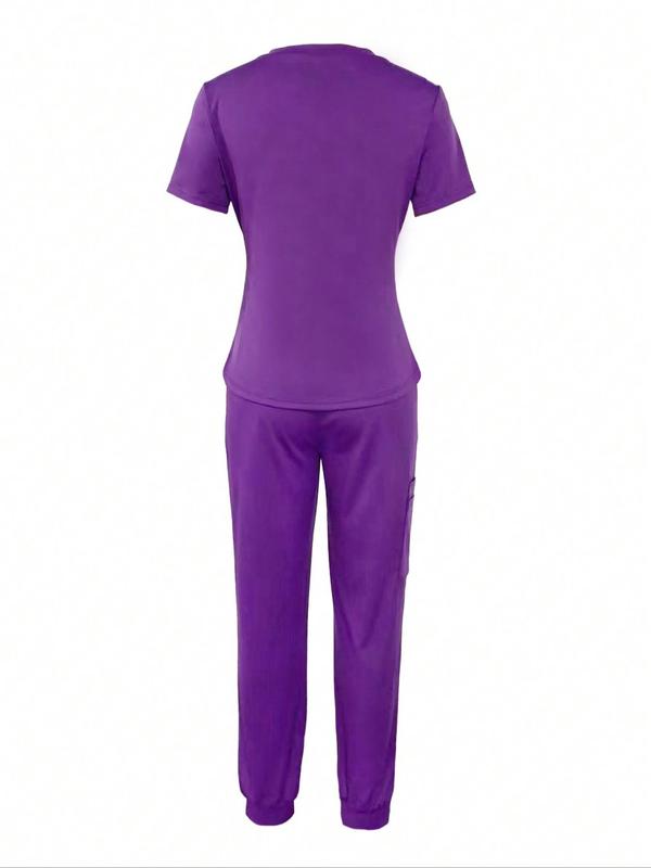 Two-Piece Set Women's Solid V Neck Short Sleeve Tee & Drawstring Waist Pants, Casual Pocket Top & Trousers for Summer, Women's Clothes