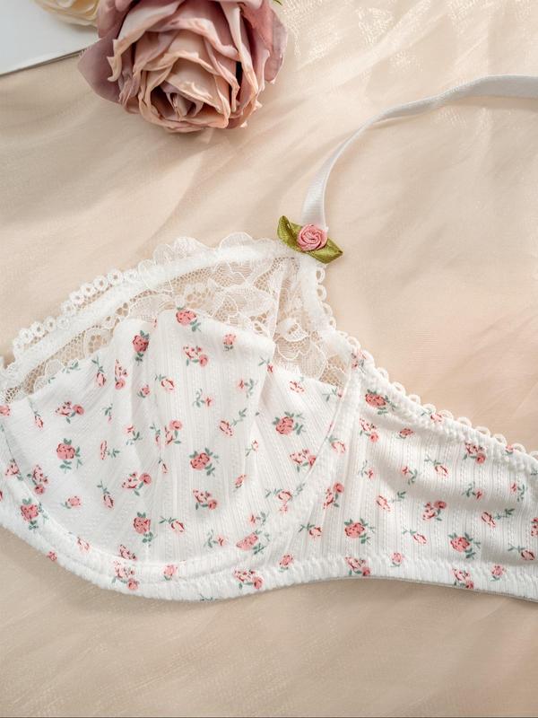 Womenswear Floral & Heart Print Bow Decor Lingerie Set, Comfort Soft Contrast Lace Underwire Bra & Panty Set, Women Underwear Set, Comfy Breathable Underwear Set for Women