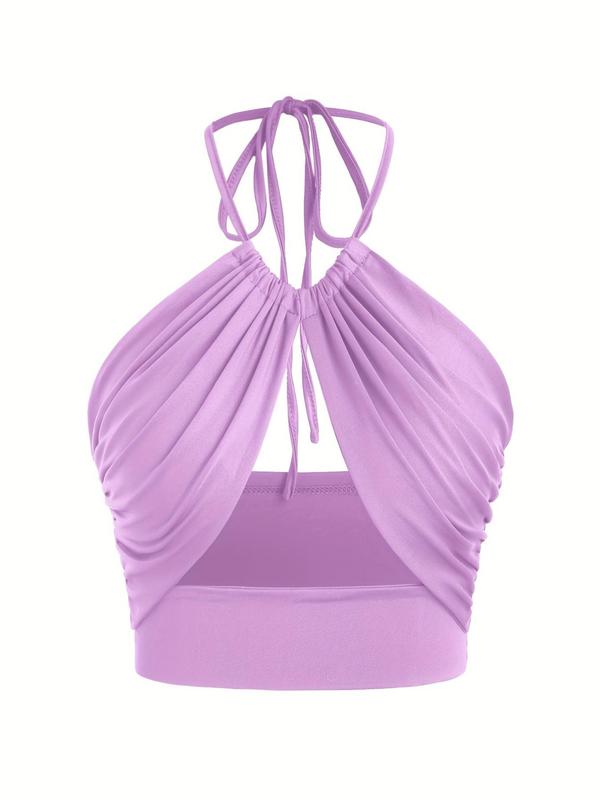 Women's Solid Ruched Tie Back Halter Crop Cami Top, Fashion Casual Backless Top for Summer, Summer Outfits,Ladies Clothes for Beach Holiday Vacation