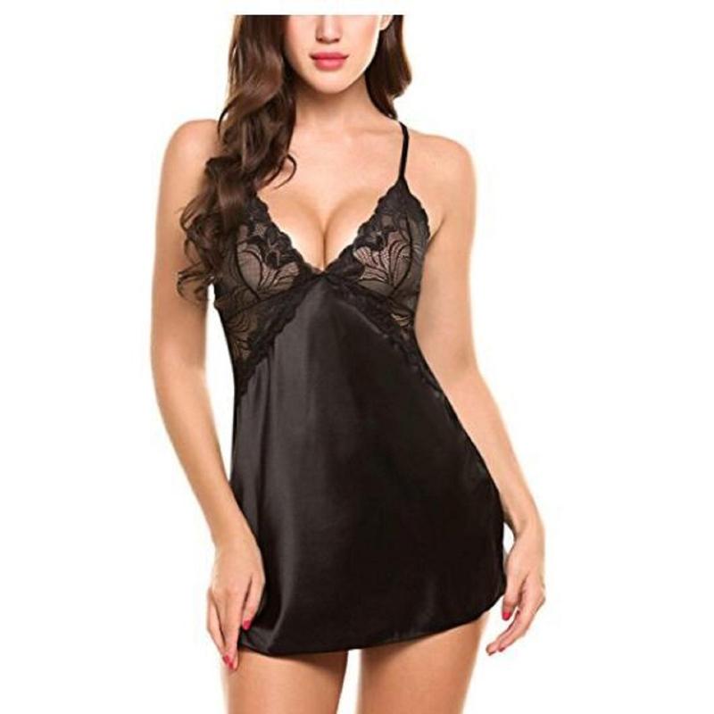 Women’s Summer Lingerie Dress, Smooth Sling Floral Lace Backless Dress, Sexy Deep V-Neck Babydoll, Cozy Chemise Sleepwear
