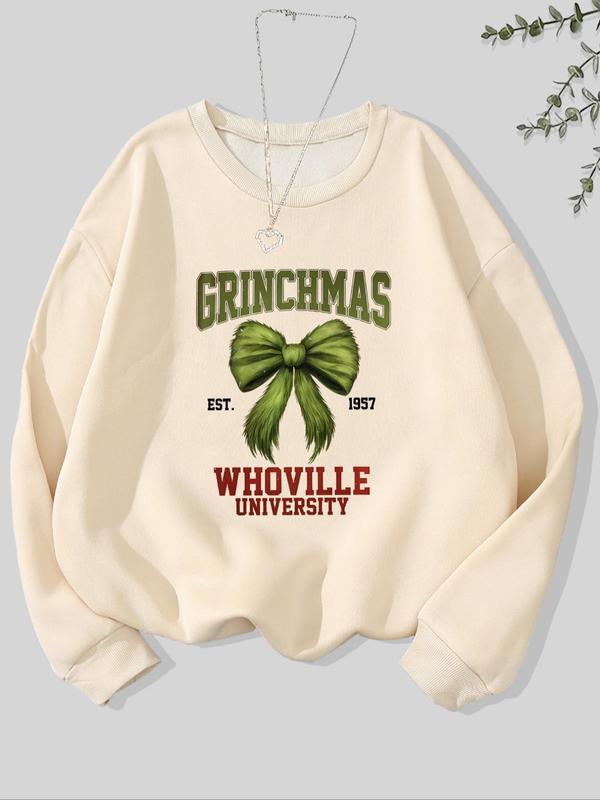 Women's Bowknot Print Crew Neck Sweatshirt, Casual Long Sleeve Pullover for Fall & Winter, Women's Clothes for Daily Wear