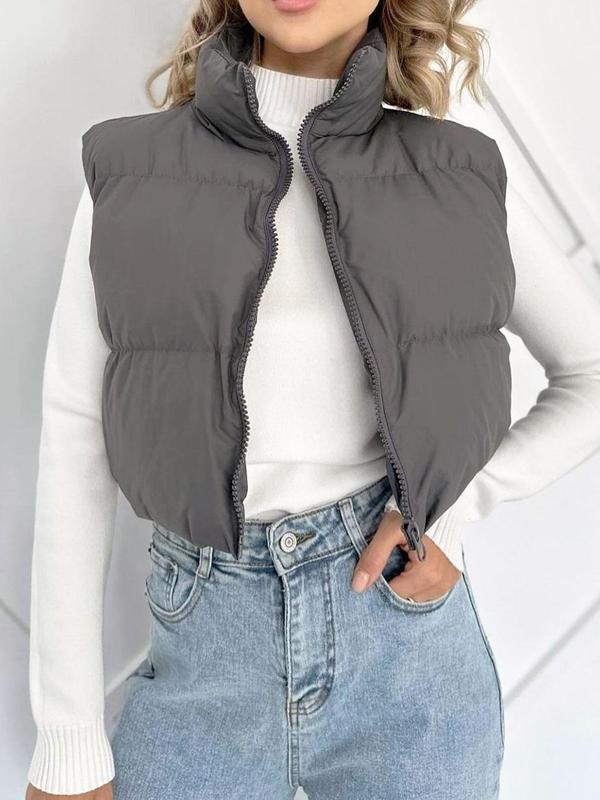 Women's Solid Zip Up Crop Puffer Vest, Casual Stand Collar Sleeveless Outerwear for Fall & Winter, Ladies Clothes for Daily Wear