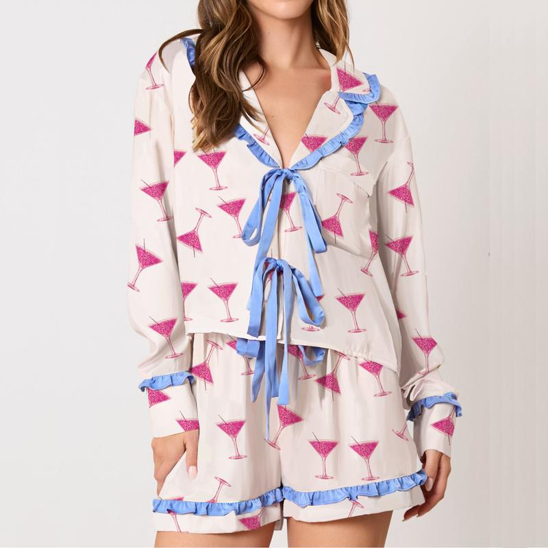 Women Christmas Pajamas Set 2 Pieces Loungewear Suits Candy Cane Cocktail Glasses Print Shirts Tops and Shorts Sleepwear Outfits