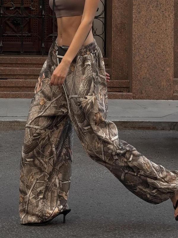 Women's Branch Print Drawstring Waist Wide Leg Sweatpants, Street Casual Pocket Elastic Waist Trousers for Daily Wear, Ladies Bottoms for All Seasons