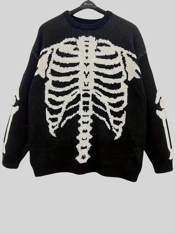 Women's Halloween Skeleton Drop Shoulder Graphic Crewneck Sweater, Comfy Long Sleeve Round Neck Jumper for Daily Holiday Vacation Wear, Birthday Outfits, Women's Knitwear for Fall , Fall Outfits, Fallfreshness Clothes