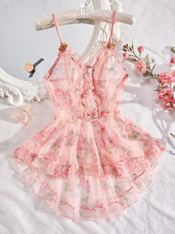 Women's Floral Print Appliques Cut Out Sheer Tulle Sexy Cami Nightdress, Comfy Breathable Ruffle Hem Nightgown, Ladies Sexy Lingerie for All Seasons