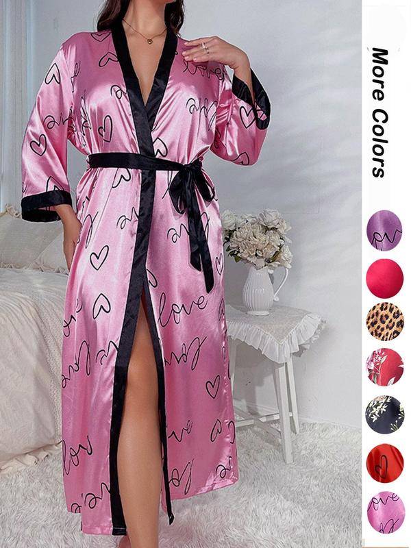 Women's Leopard Print Contrast Binding Robe, Fashion Pumpkin Printed Belted Stretch Satin Long Dressing Gown for Women, Satin Robe, Women Nightwear, Casual Ladies Sleepwear for All Seasons