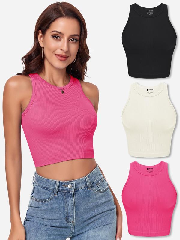 Women's 3pcs Solid Ribbed Crop Shapewear Tank Top, Casual Basic Seamless Sleeveless Shapewear Top for Daily Wear, Ladies Clothes for All Seasons, Summer Wear 2024, Tank Tops for Women, Women's Tops,  Body Shapewear
