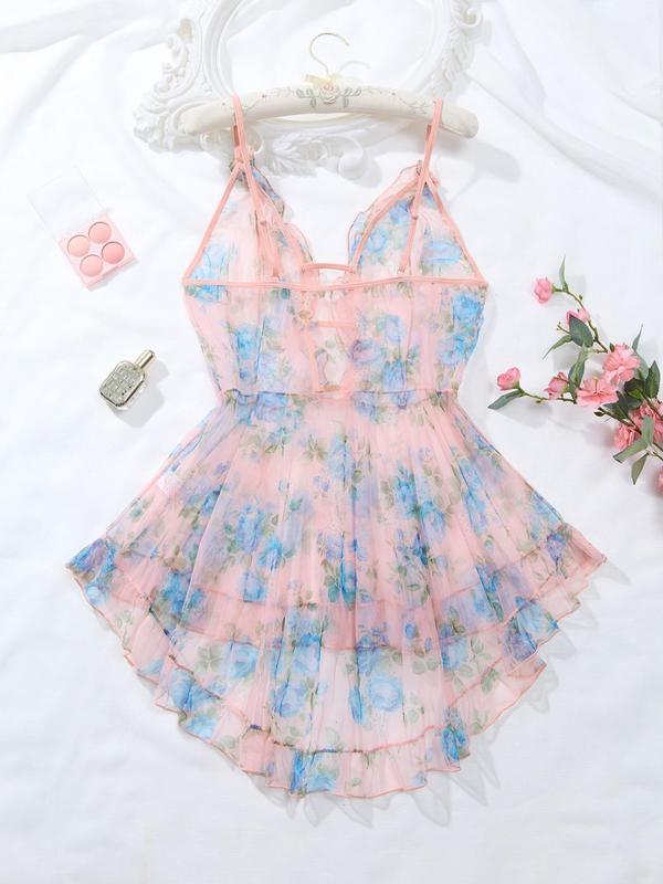 Women's Floral Print Appliques Cut Out Sheer Tulle Sexy Cami Nightdress, Comfy Breathable Ruffle Hem Nightgown, Ladies Sexy Lingerie for All Seasons