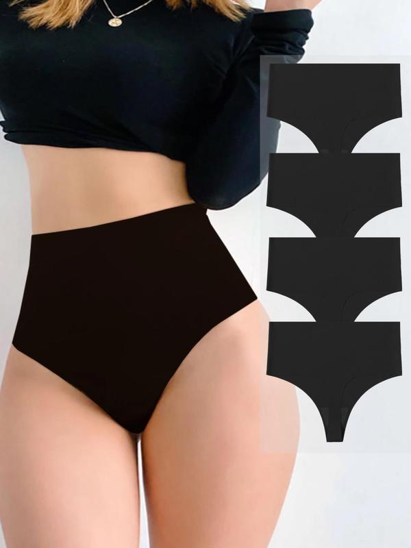 Women's 4pcs Solid Color High Waist Thong, Comfy Breathable Seamless Knicker for Daily Wear,  Underwear for Women, Ladies Underwear for All Seasons