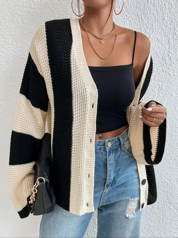 Women's Colorblock Flounce Sleeve Button Front Cardigan, Casual Long Sleeve V Neck Knitwear for Fall & Winter, Fashion Women's Knit Clothing for Daily Wear, Downtown Girl Clothes