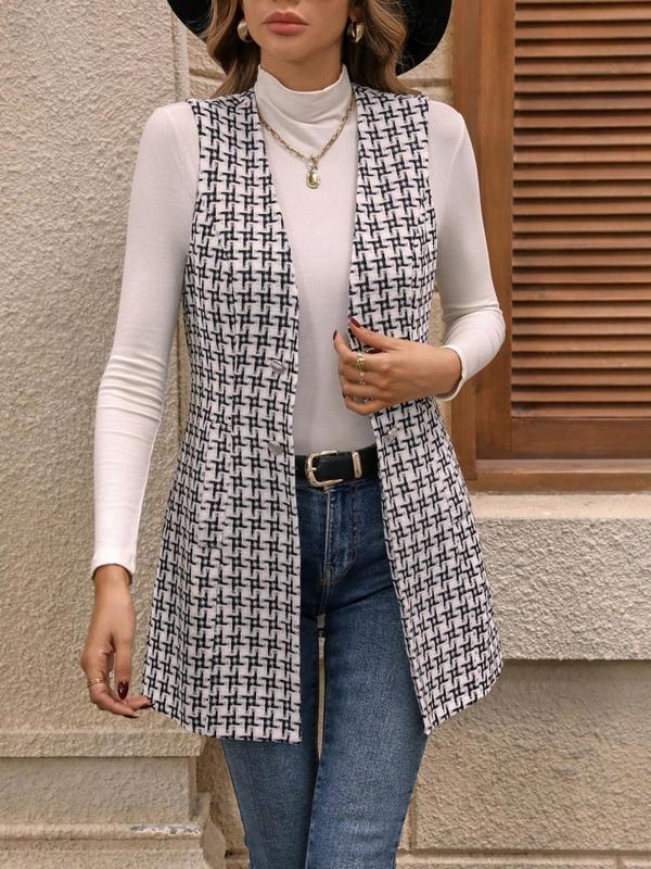 Women's Geometric Jacquard Button Front V Neck Vest, Casual Sleeveless Pocket Outerwear for Fall & Winter, Women's Clothing for Daily Wear