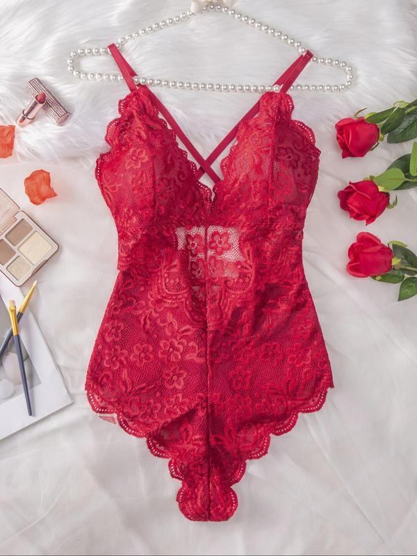  Criss Cross Backless Lace Thong Design Teddy Lingerie Bodysuit, Sexy Romantic Plain Deep V Neck Button Closure Crotch Cami Lingerie Bodysuit, Women's Sleepwear for Summer