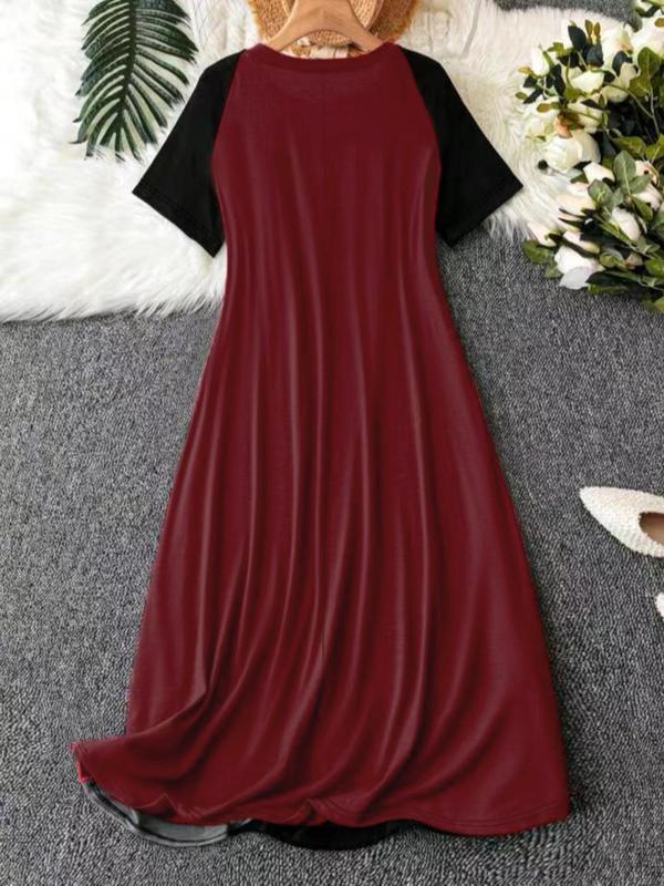  Women's Colorblock Raglan Sleeve Lounge Dress, Casual Soft Comfortable Round Neck Short Sleeve Midi Dress for Daily Home Wear, Sleepwear for All Seasons