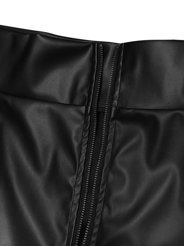  Solid Split Thigh Zipper Back PU Leather Skirt, Elegant Fashion High Waist Long Skirt for Party Club Dating, Women's Clothing for All Seasons