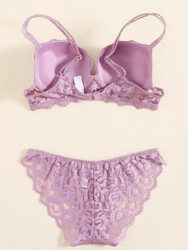 Two-Piece Set Women's Adjustable Strap Lace Bra & Bow Front Panty Set, Solid Color Push Up Lingerie Set, Soft Comfortable Breathable Underwear Set for Daily Wear