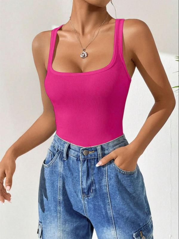 Women's Solid Square Neck Ribbed Bodysuit, Casual Sexy Breathable Seamless Sleeveless Tank Bodysuit for Summer, Ladies Clothes for Daily Wear