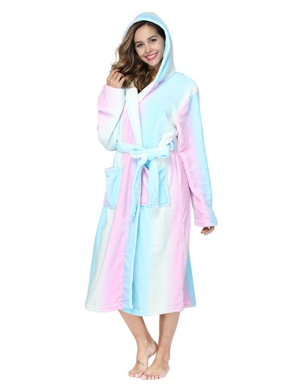 Women's All Over Print Flannel Hooded Robe, Fashion Dual Pocket Drop Shoulder Belted Bathrobe, Women's Sleepwear & Loungewear for Fall & Winter, Fall Wear, Fallfreshness
