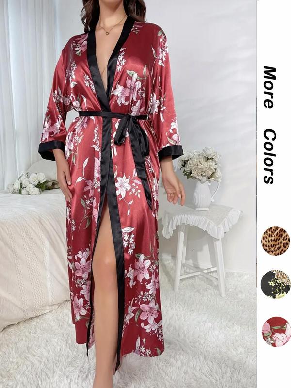 Women's Leopard Print Contrast Binding Robe, Fashion Pumpkin Printed Belted Stretch Satin Long Dressing Gown for Women, Satin Robe, Women Nightwear, Casual Ladies Sleepwear for All Seasons