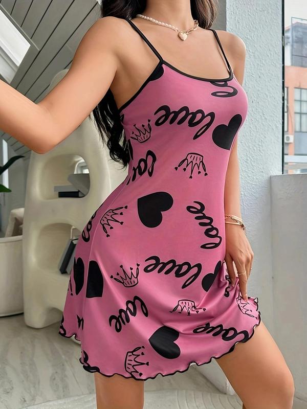 Women's Heart & Crown Print Lettuce Trim Cami Nightdress, Casual Soft Comfortable Backless Spaghetti Strap Nightgown for All Seasons, Fashion Ladies' Sleepwear for Daily Wear