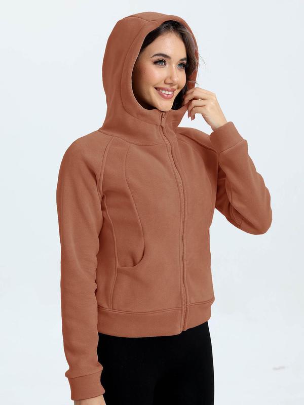 Women's Solid Pocket Zip Up Hooded Sports Sweatshirt, Casual Womenswear, Longsleeves Raglan Sleeve Pullover for Fall & Winter,  Gym Tops, Women's Sportswear for Lady Indoor Outdoor Back To School Wear, Fall Outfits 2024