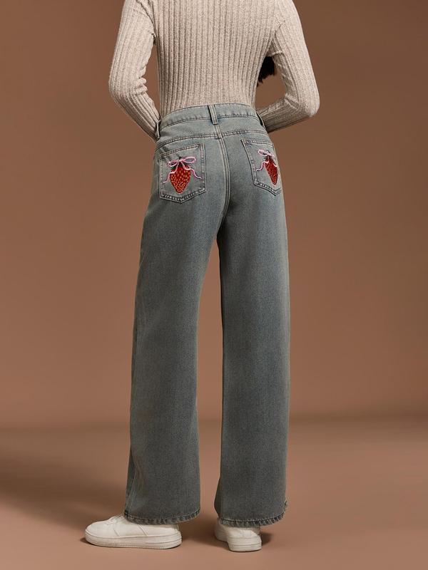 YOZY Women's Strawberry Embroidery Pocket Straight Leg Denim-Effect Print Pants, Casual Comfy Button Denim-Effect Print Trousers for Daily Wear, Ladies Bottoms for All Seasons