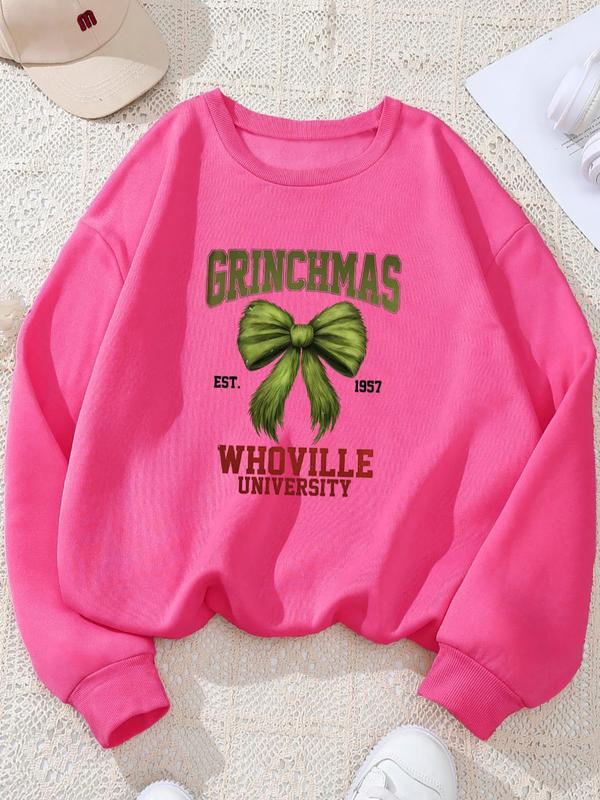 Women's Bowknot Print Crew Neck Sweatshirt, Casual Long Sleeve Pullover for Fall & Winter, Women's Clothes for Daily Wear