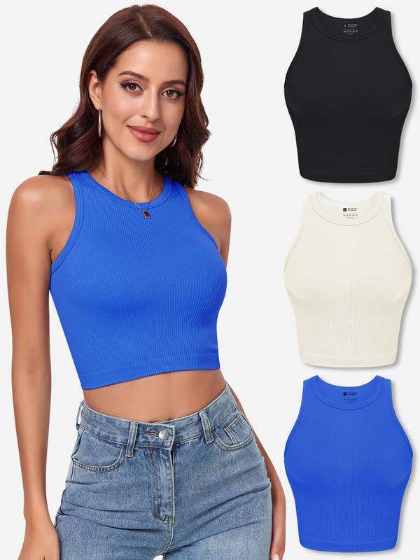 Women's 3pcs Solid Ribbed Crop Shapewear Tank Top, Casual Basic Seamless Sleeveless Shapewear Top for Daily Wear, Ladies Clothes for All Seasons, Summer Wear 2024, Tank Tops for Women, Women's Tops,  Body Shapewear