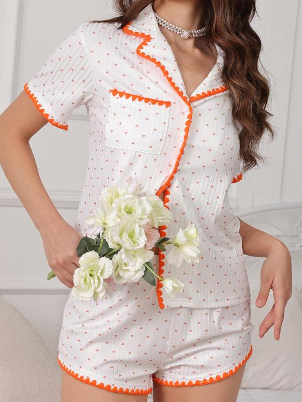Two-Piece Set Women's Heart Print Contrast Binding Pajama Set, Casual Button Front Sleep Top & Elastic Waist PJ Shorts, Summer Wear, Women's Sleepwear & Homewear