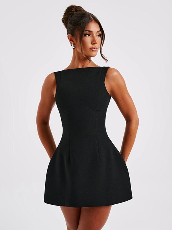 Women's Solid Backless Boat Neck A Line Dress, Fashion Casual Sleeveless Short Dress for Daily Outdoor Wear, Ladies Dress for Summer